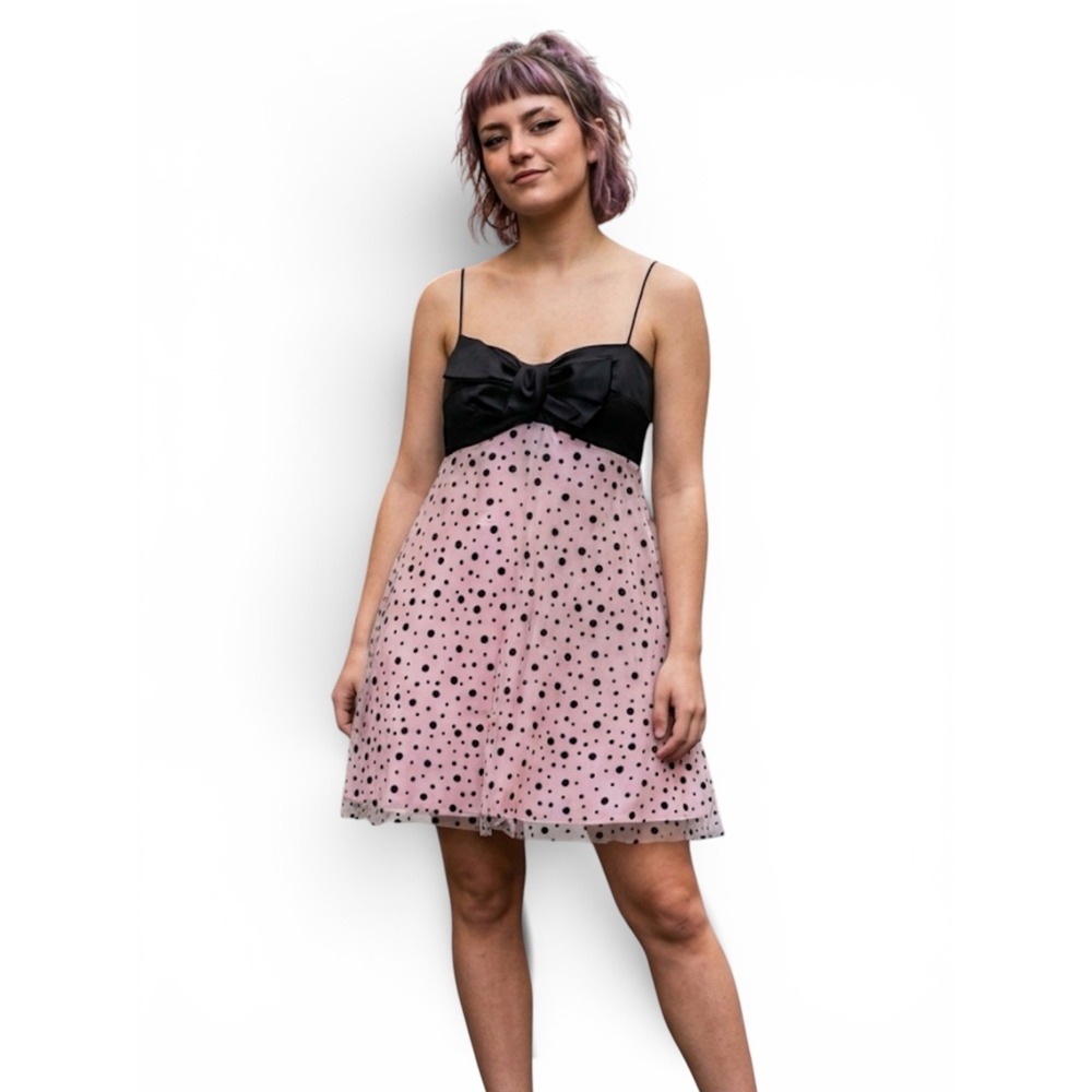 Jump Apparel NWT Y2K pink black polka dot babydoll bow mini dress Mcbling Party